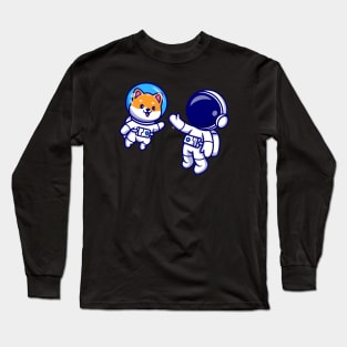 Cute Astronaut Flying With Shiba Inu Dog Astronaut Cartoon Long Sleeve T-Shirt